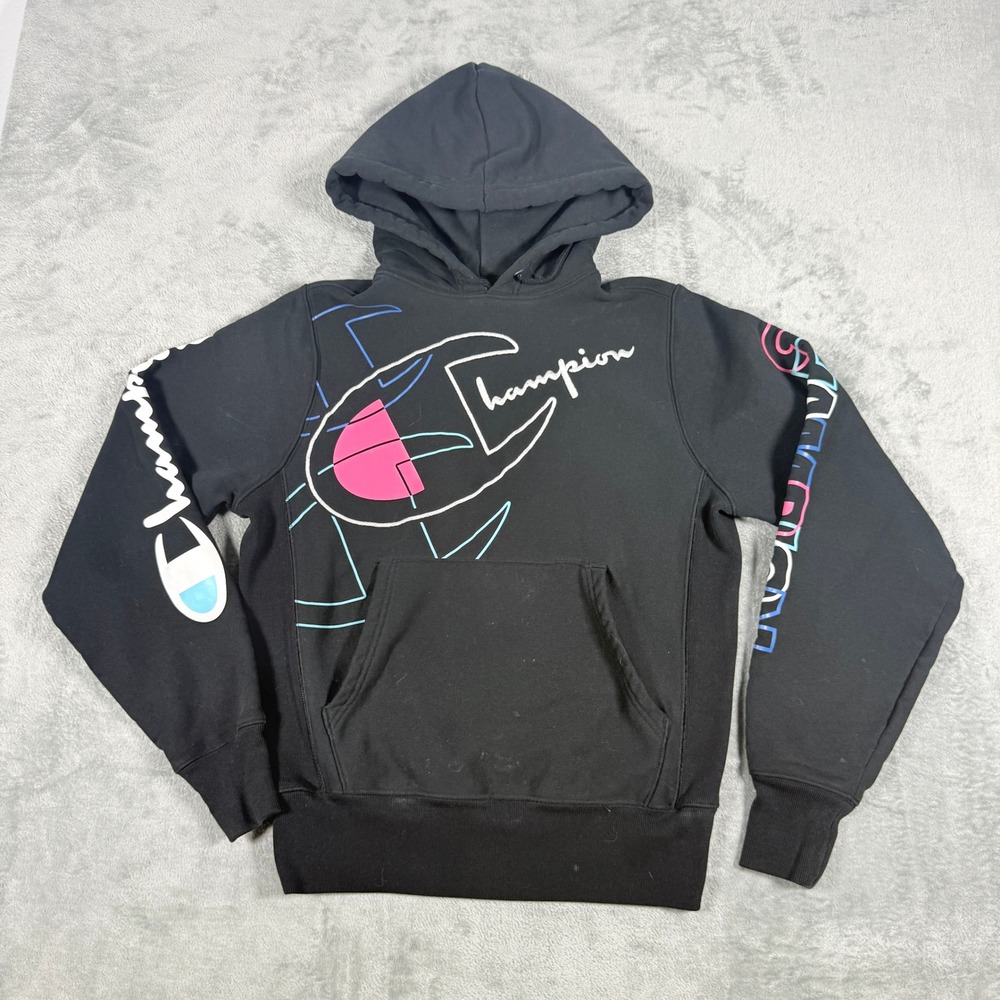 Champion Mens Small Reverse Weave Hoodie Black Neon Graphic Logo S2974 003